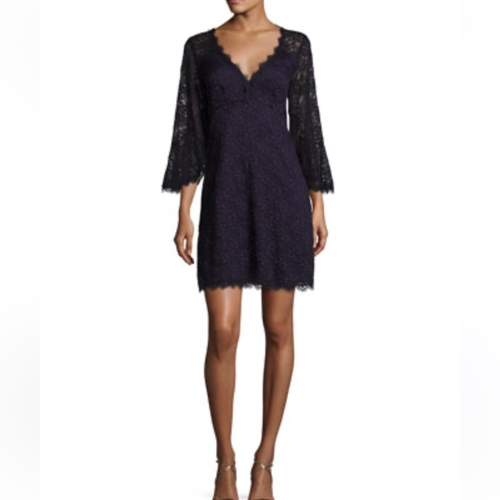 Nanette Lepore Bell-Sleeve Floral Lace Mini Dress, Eggplant Size 2